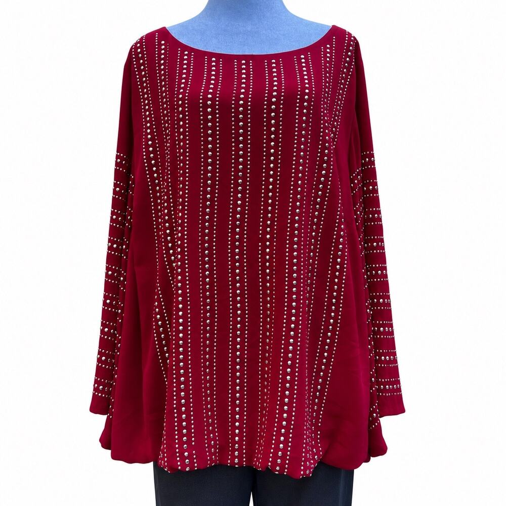 Alfani Woman Red Silver Studded Bell Sleeve Blouse 22W Plus Size Bubble Hem
